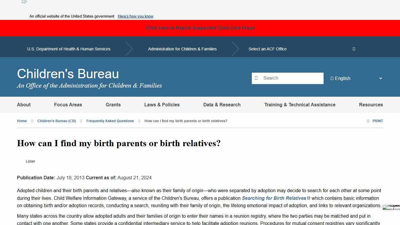 How can I find my birth parents or birth relatives? | The Administration for Children and Families